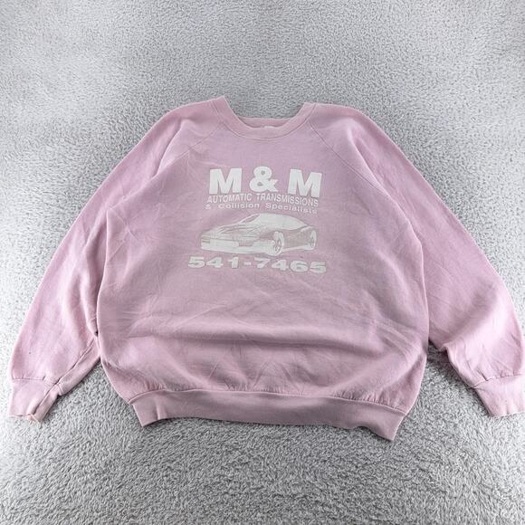 Vintage Fruit Of The Loom Sweatshirt Mens L Pink M&M Auto Transmissions Car 90s - Picture 2 of 9